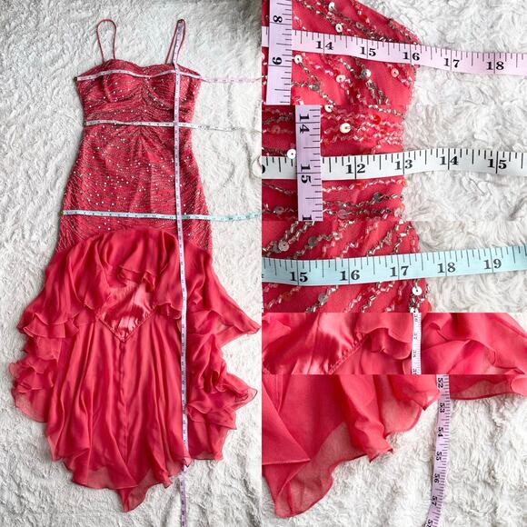 Scala prom dress coral pink 100% silk‎ ruffle hem slip gown beaded sequin formal - Picture 4 of 17